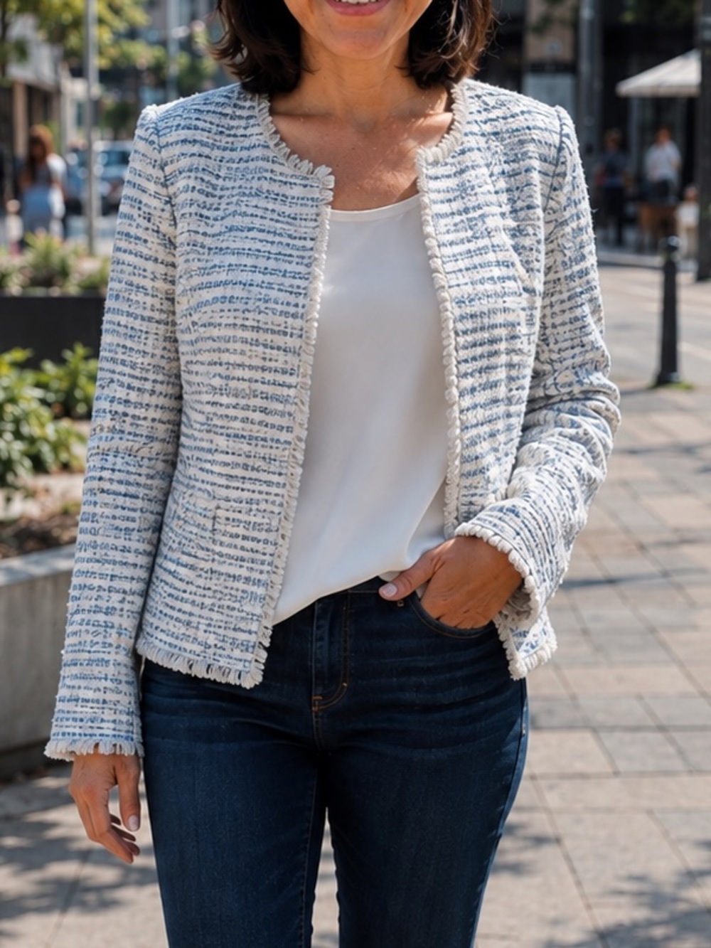 Calvin Klein Textured Fringe Open-Front Jacket in White & Light Blue